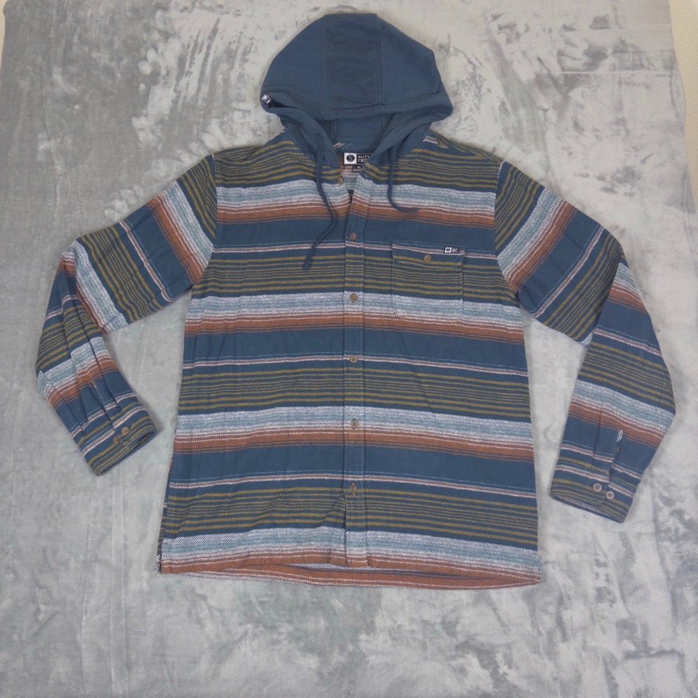 Salty Crew Hooded Flannel Shirt Mens XL Blue Orange Striped Long Sleeve Hoodie